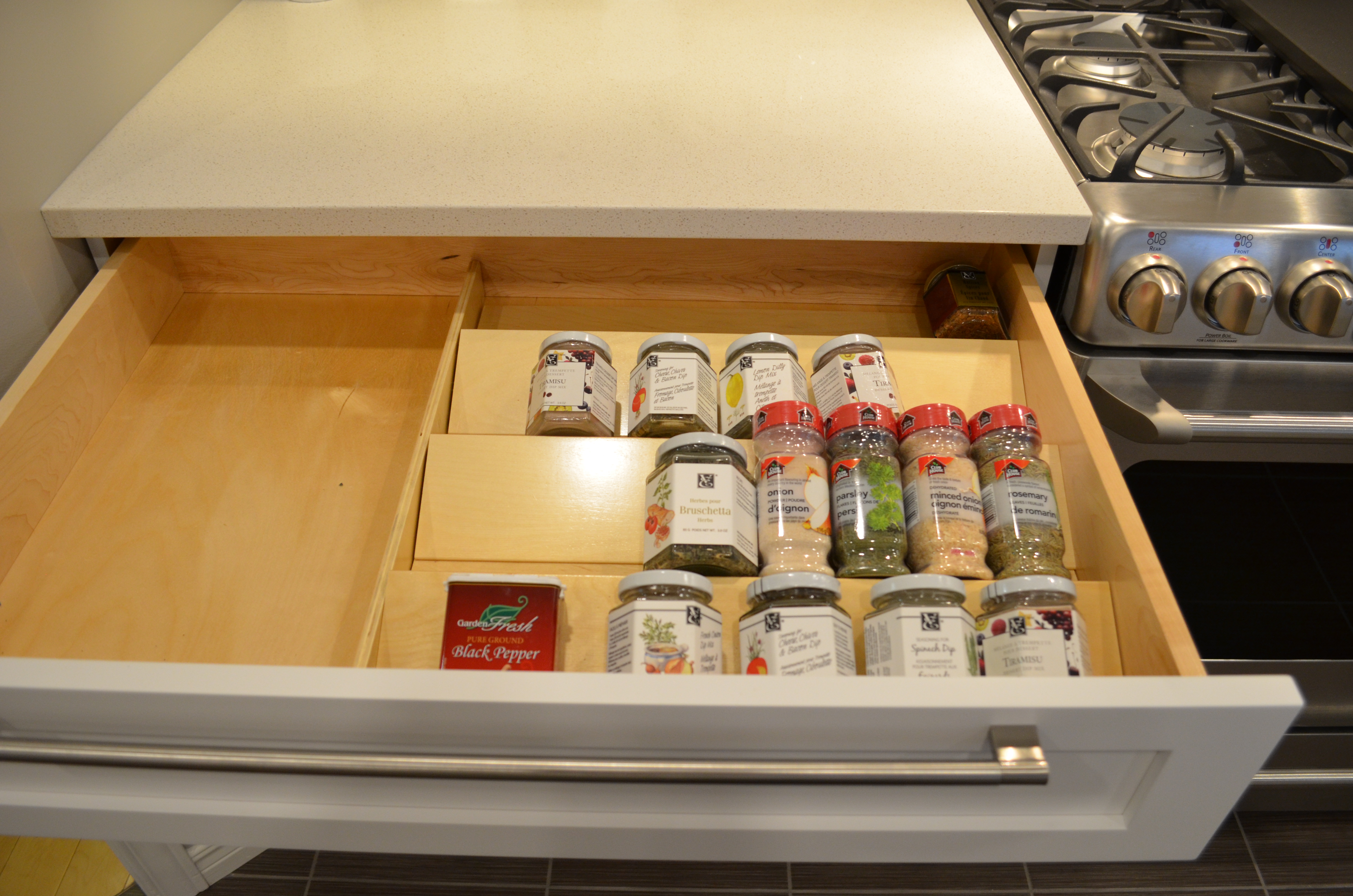 spice storage Modern kitchen renovation white cabinetry Stittsville